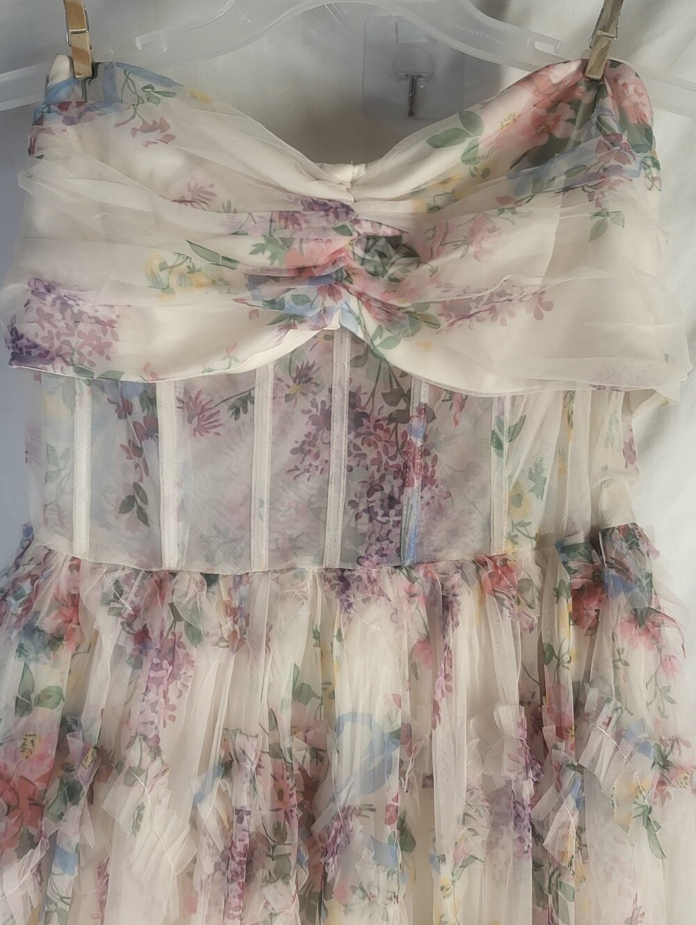 Faeriesty Ruched Bustier Ruffle Trim Hem Floral Print Tube Maxi Dress Size 1XL - Picture 6 of 16